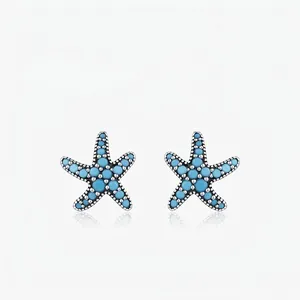 925 Sterling Silver Starfish Stud Earrings With Synthetic Turquoise Coastal Beach Style Nautical Jewelry For Women Girls