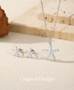 Detail of S925 sterling silver starfish jewelry set with white pearls and crystals