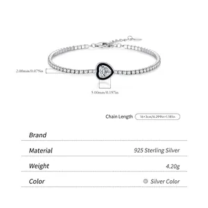 S925 sterling silver tennis bracelet with black enamel heart and cubic zirconia