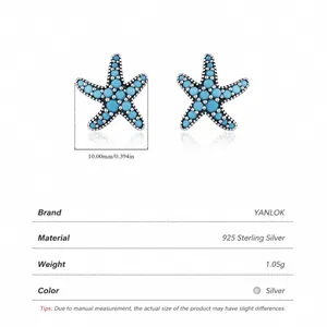 S925 sterling silver starfish stud earrings with turquoise stone and dimension details
