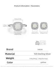 Macro view of S925 silver opal ring and earrings set with detailed dimensions
