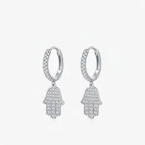 Boucles d'Oreilles Créoles Main De Hamsa En Argent Sterling 925 Pour Femmes Pavé Zirconia Main De Fatima Bijoux De Personnalité