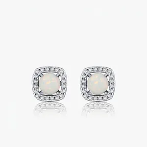Retro French Elegant Square Halo Artificial Opal Stud Earrings For Women 925 Sterling Silver Zirconia Inlaid Jewelry Gift