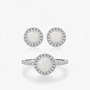925 Sterling Silver Artificial Opal Jewelry Set Round Halo Rhinestone Ring Stud Earrings Set For Women French Luxury Gift