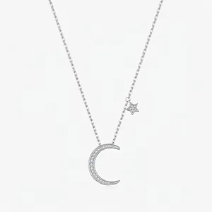 925 Sterling Silver Star Moon Pendant Necklace For Women Rhinestone Clavicle Chain Fashion Jewelry Accessory Everyday Gift
