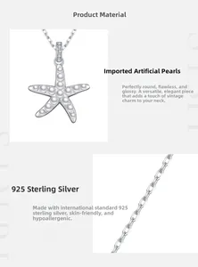 Detail view of S925 sterling silver starfish necklace with 11 white faux pearls and O-chain