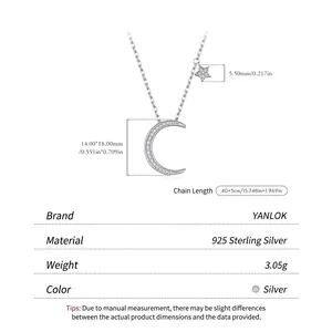 S925 sterling silver star and moon pendant necklace with cubic zirconia for women