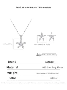 Macro view showing dimensions of S925 sterling silver starfish necklace and stud earrings