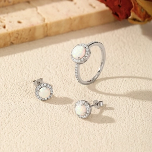 Elegant S925 silver jewelry set with round white opal rings and halo stud earrings