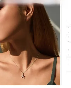 Model wearing crystal starfish jewelry set with white pearl necklace and earrings