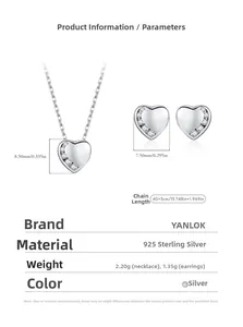 Detailed size specifications for S925 sterling silver heart necklace and earrings set