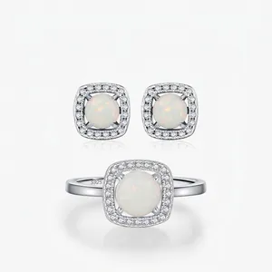 925 Sterling Silver Artificial Opal Jewelry Set Zirconia Square Halo Stud Earrings And Ring For Women Elegant Jewelry Gift