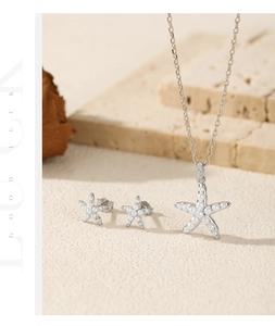 Detailed view of S925 sterling silver starfish jewelry set with pearls and necklace