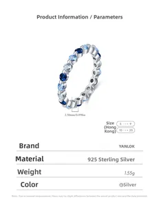 Paramètres de taille détaillés d'une bague en argent S925 avec zircons bleus