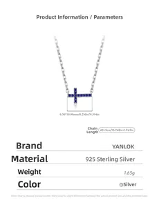Detail of S925 sterling silver cross necklace with blue zircon and size dimensions