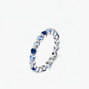 Bague Éternité Élégante en Argent Sterling 925 Dégradé Bleu pour Femme Luxe Strass Pavé Bijoux de Mode