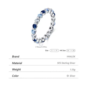 Bague en argent sterling S925 avec zircons dégradés bleus, largeur de bande 2,5 mm