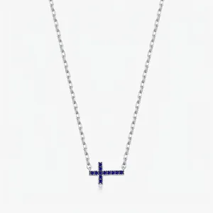Vintage 925 Sterling Silver Cross Necklace For Women Blue Zirconia Inlaid Luxury Clavicle Chain Religious Jewelry Gift