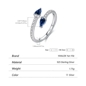 Anello aperto in argento S925 con pietre a goccia blu reale e pavé di diamanti