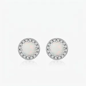 French Minimalist S925 Sterling Silver Synthetic Opal Stud Earrings For Women Light Luxury Rhinestone Round Halo Jewelry