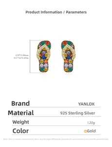 Macro shot of 925 sterling silver flip-flop earrings with colorful rainbow cubic zirconia