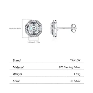 S925 sterling silver octagonal stud earrings with halo cubic zirconia in white background