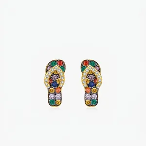 925 Sterling Silver Flip-Flop Stud Earrings For Women Multi-color Zirconia Inlaid Gold Plated Cute Summer Beach Style Jewelry
