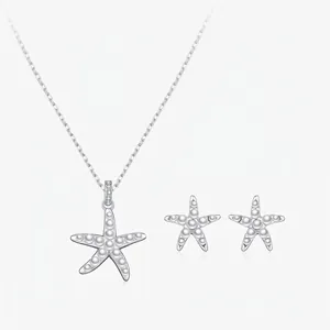 925 Sterling Silver Starfish Pendant Necklace And Stud Earrings With Faux Artificial Pearl Zirconia Elegant Marine Jewelry For Women