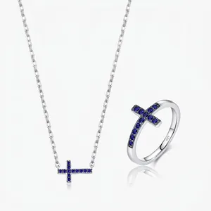 Bijoux Croix en Argent Sterling S925 Incrusté de Zirconia Bleu Collier Et Bague Vintage Pour Femmes Accessoires Quotidiens Élégants