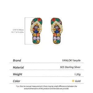 Creative S925 sterling silver flip-flop stud earrings with colorful gemstones and gold plating