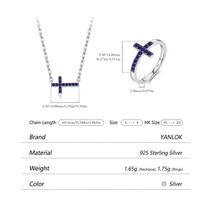 Parure bijoux croix en argent 925 avec collier zircon bleu et bague réglable