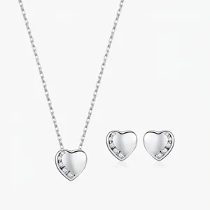 S925 Sterling Silver Heart Jewelry Set For Women Minimalist Rhinestone Inlaid Heart Pendant Necklace And Stud Earrings