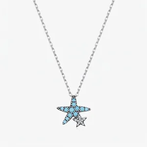 Retro 925 Sterling Silver Starfish Pendant Necklace For Women Distressed Synthetic Turquoise Zirconia Clavicle Chain Jewelry