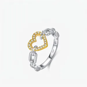 925 Sterling Silver Sweet Heart Chain Link Ring For Women Gold Plated Zirconia Inlaid Stackable Fashion Finger Ring Jewelry