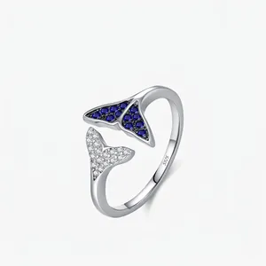 S925 Sterling Silver Mermaid Tail Open Ring For Women Cool Style Inlaid Blue White Zirconia Adjustable Finger Jewelry Gift
