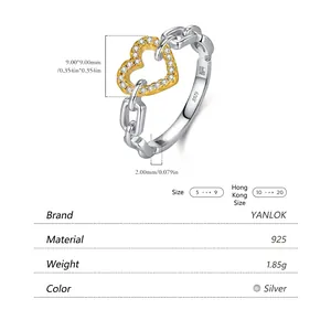 S925 sterling silver double heart ring with gold accents and cubic zirconia stones
