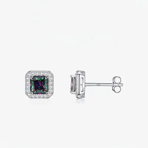 Orecchini a Bottone Halo Quadrati Arcobaleno in Argento Sterling 925 per Donna Strass Colorati Eleganti Gioielli di Moda