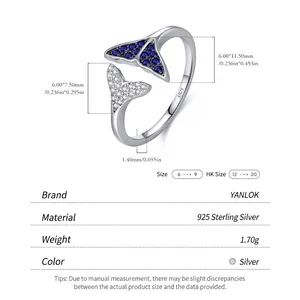 S925 sterling silver mermaid tail ring featuring blue and white zircon stones