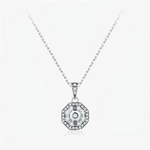 Vintage 925 Sterling Silver Octagon Zirconia Pendant Necklace For Women Halo Emerald Cut Clear Stone Clavicle Chain Jewelry