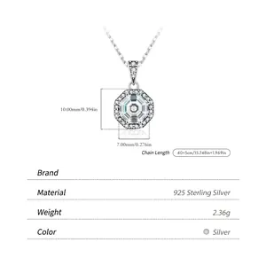 S925 sterling silver octagonal halo pendant necklace with 40+5cm adjustable chain
