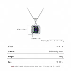 Elegante collana in argento sterling S925 con ciondolo quadrato in zirconia arcobaleno