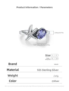 Detail view of S925 silver starfish ring with purple oval gemstone and pave diamonds