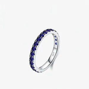 French Vintage 925 Sterling Silver Blue Zirconia Eternity Ring For Women Light Luxury Stacking Fashion Finger Jewelry Ring