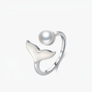 Mermaid Tail Ring 925 Sterling Silver Artificial Pearl And Mother Of Artificial Pearl Inlay Elegant French Style Adjustable Open Design Women
