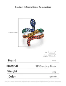Detail of S925 sterling silver snake ring with colorful zircon gradient and S925 hallmark