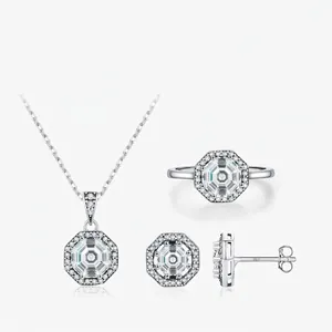 S925 Sterling Silver Octagonal Jewelry Set For Women Vintage Halo Zirconia Pendant Necklace Stud Earrings Ring