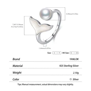 Elegant S925 sterling silver mermaid tail ring with pearl and white mother-of-pearl