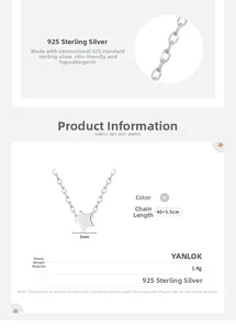Detailed specs for 925 sterling silver star necklace with 40+5.5cm chain and 5mm pendant