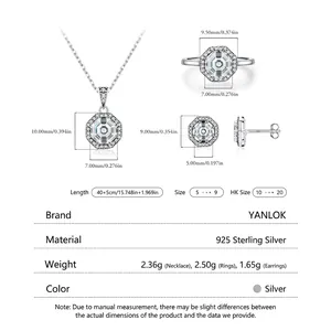 S925 sterling silver jewelry set with octagonal faux diamond necklace ring and earrings