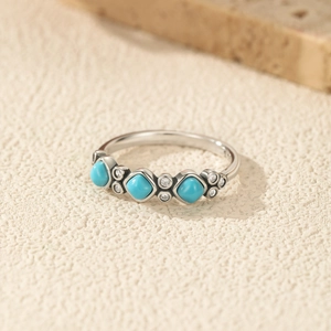 S925 sterling silver ring with turquoise stones and white zircons in bohemian style
